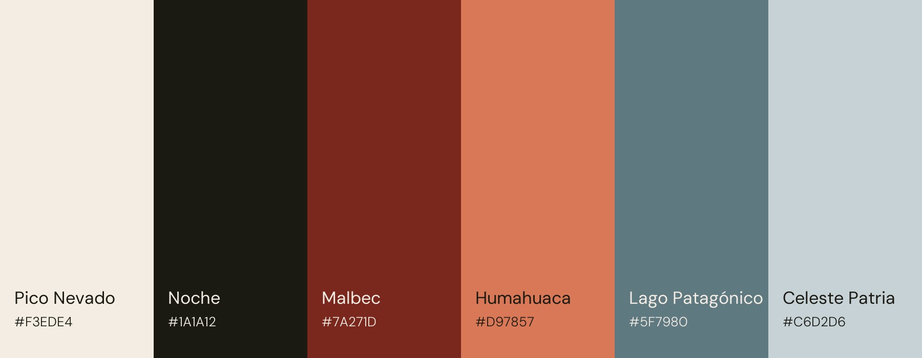 Paleta cromática: Pico Nevado, Noche, Malbec, Humahuaca, Lago Patagónico y Celeste Patria